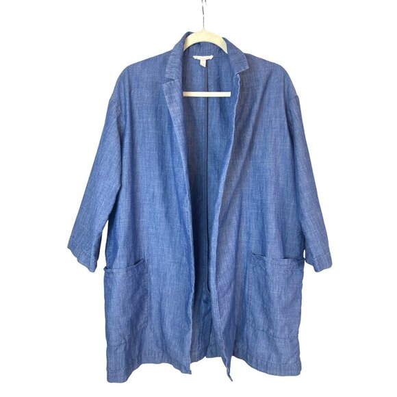 Eileen Fisher Blue Open Front Long Cardigan Jacket S/P Cotton Tencel Lagenlook - Picture 1 of 13
